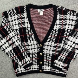 Vintage Cuddle Knit Cardigan Sweater Black Red White Striped 80s 90s Women's Med